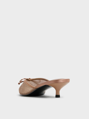 Glittered Mesh Bow Kitten Heels, Brown, hi-res