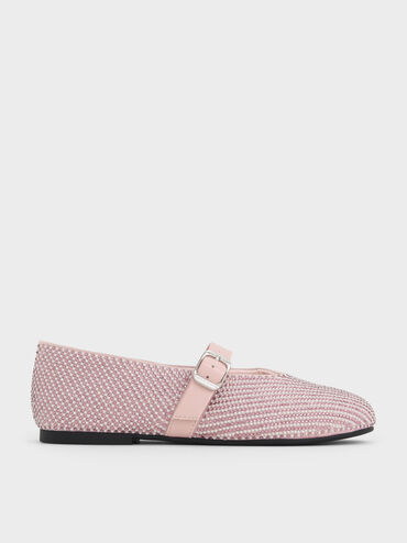 Girls' Pearl-Crystal Mary Jane Flats, Light Pink, hi-res