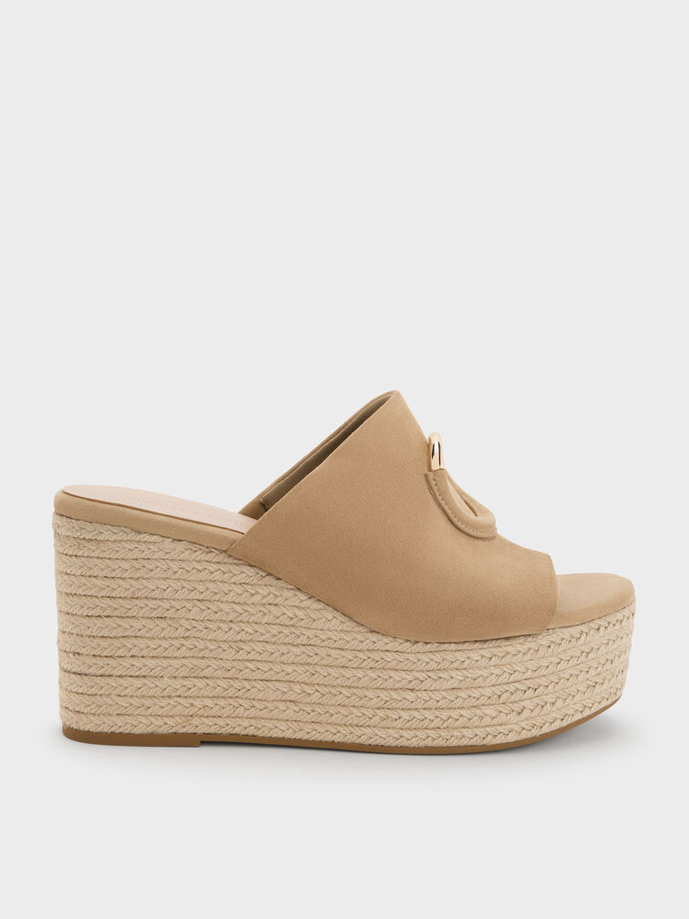 Faux Suede Metallic-Accent Espadrille Wedges, Sand, hi-res