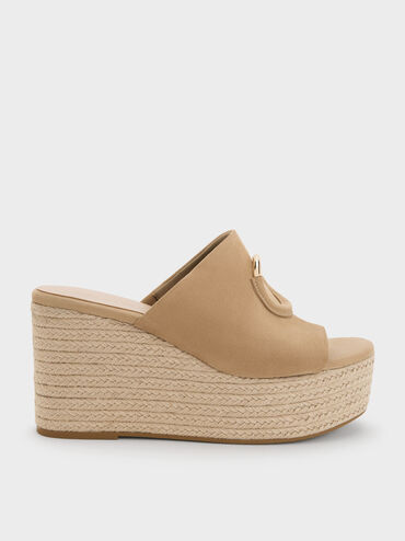 Faux Suede Metallic-Accent Espadrille Wedges, Sand, hi-res