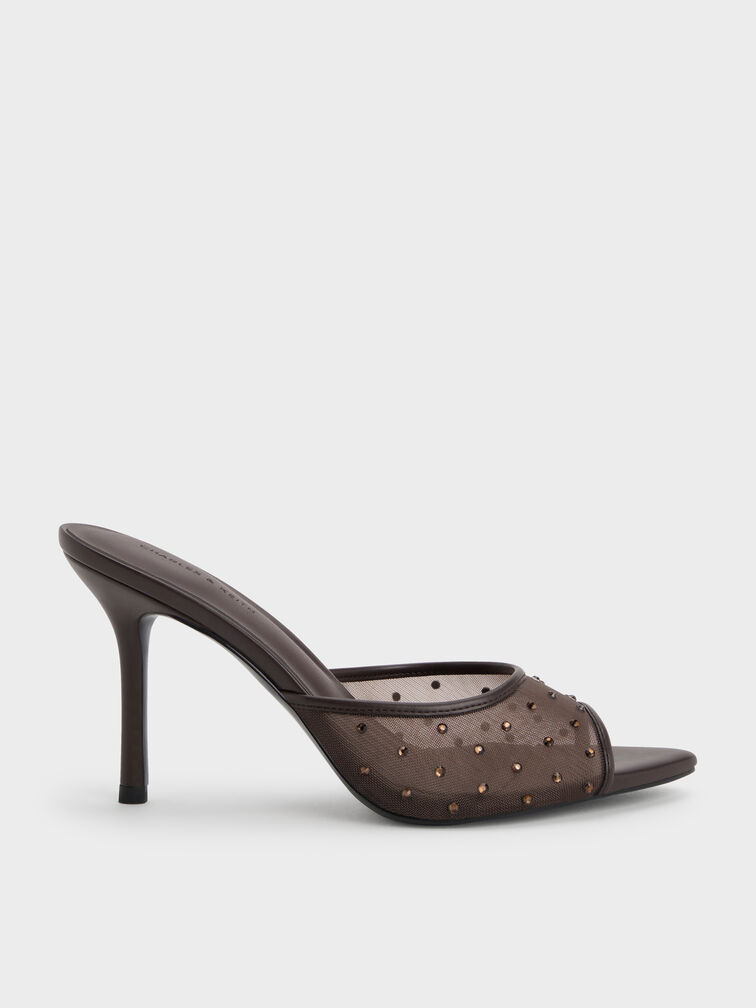 Mesh Crystal Peep-Toe Heeled Mules, Dark Brown Textured, hi-res
