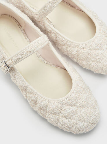 Carmel Tweed Quilted Mary Jane Flats, White, hi-res