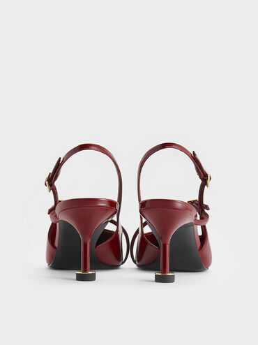 Wynn Patent Buckled Sculptural-Heel Slingback Pumps, Red, hi-res