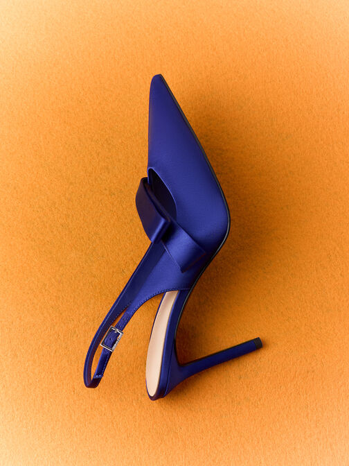 Satin Pleated-Strap Slingback Pumps, Blue, hi-res