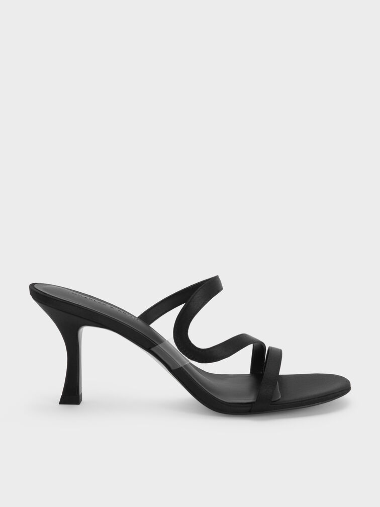 Arden Satin Wavy Heeled Mules, Black Textured, hi-res