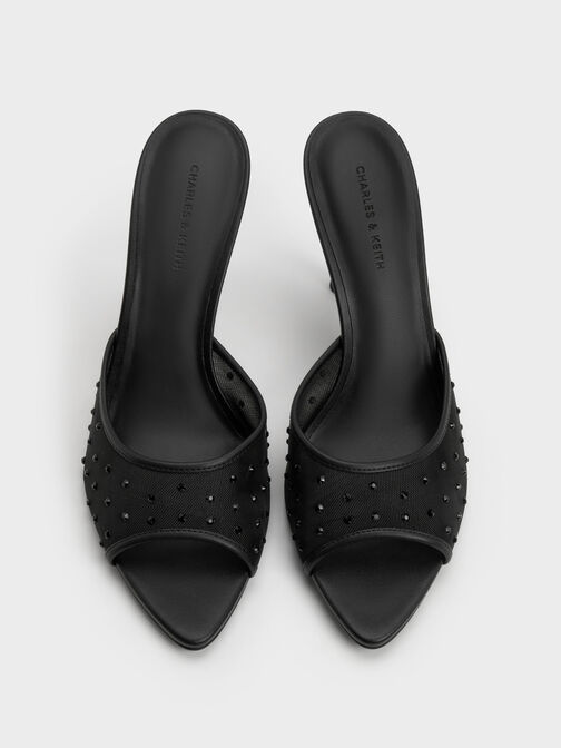 Mesh Crystal Peep-Toe Heeled Mules, Black Textured, hi-res