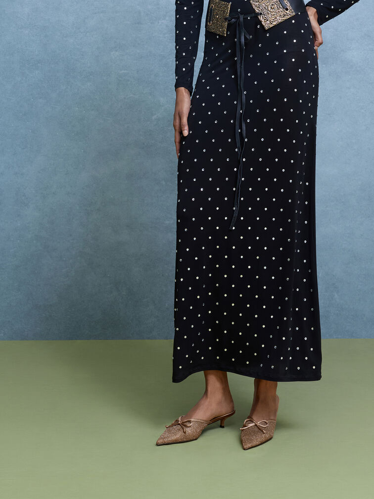 Glittered Mesh Bow Kitten Heels, Brown, hi-res