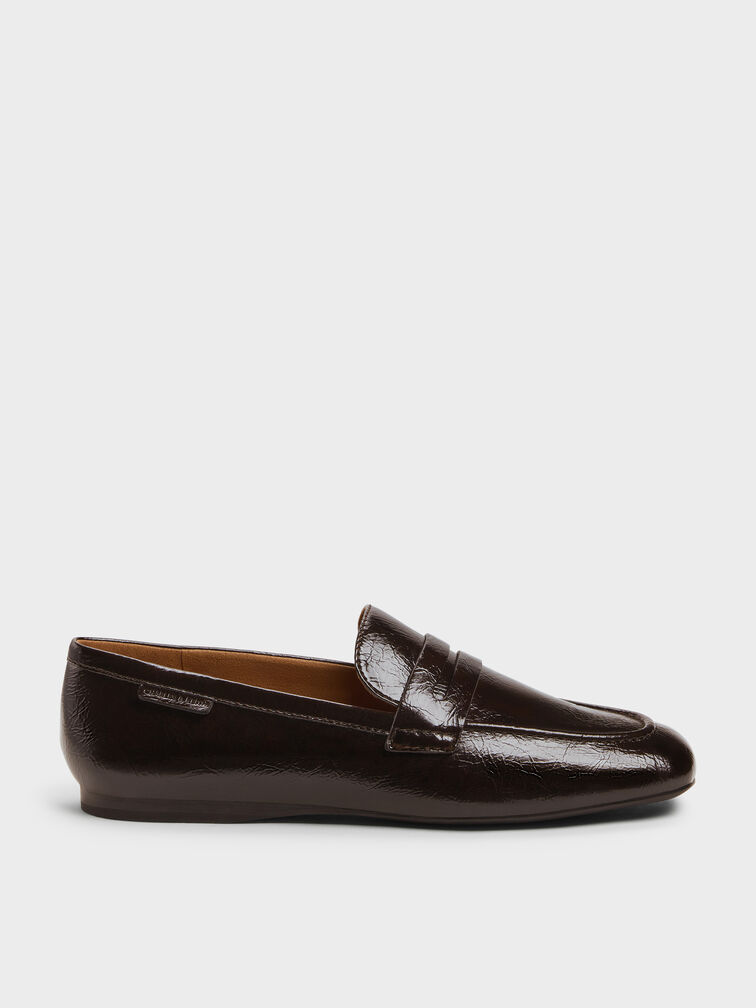 Crinkle-Effect Penny Loafers, Dark Brown, hi-res