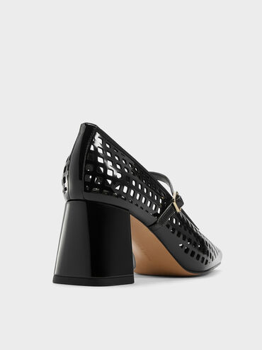 Patent Perforated Square-Toe Block-Heel Mary Jane Pumps, Black Patent, hi-res