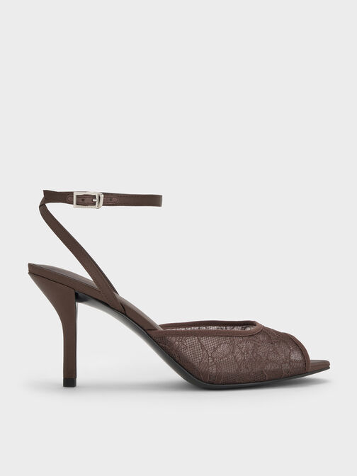 Lace & Satin Peep-Toe Heels, Dark Brown Textured, hi-res