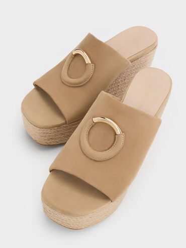 Faux Suede Metallic-Accent Espadrille Wedges, Sand, hi-res