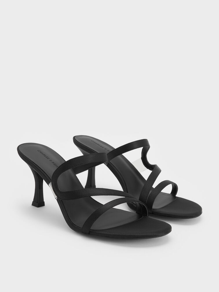 Arden Satin Wavy Heeled Mules, Black Textured, hi-res