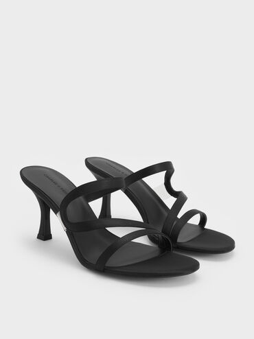 Arden Satin Wavy Heeled Mules, Black Textured, hi-res