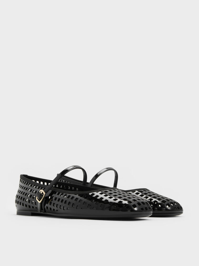 Patent Perforated Mary Jane Flats, Black Patent, hi-res