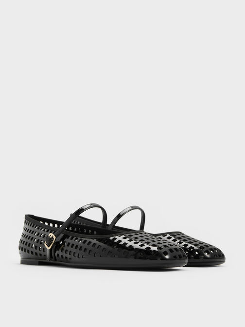 Patent Perforated Mary Jane Flats, Black Patent, hi-res