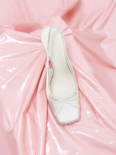 Satin Ruched Stiletto Slingback Pumps, Chalk, hi-res