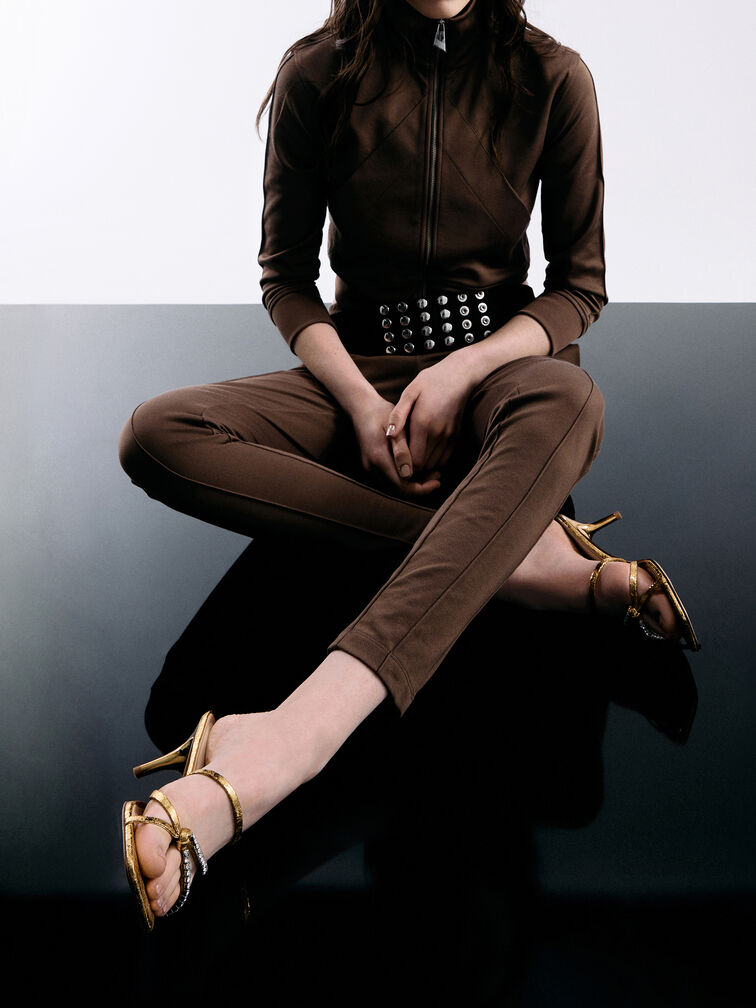 Textured Gem-Embellished Strappy Heeled Sandals, Gold, hi-res