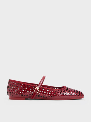 Patent Perforated Mary Jane Flats, Red, hi-res