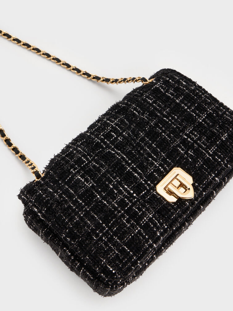 Arwen Tweed Diamond-Quilt Shoulder Bag, Black Tweed, hi-res