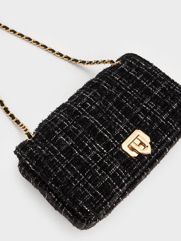 Arwen Tweed Diamond-Quilt Shoulder Bag, Black Tweed, hi-res