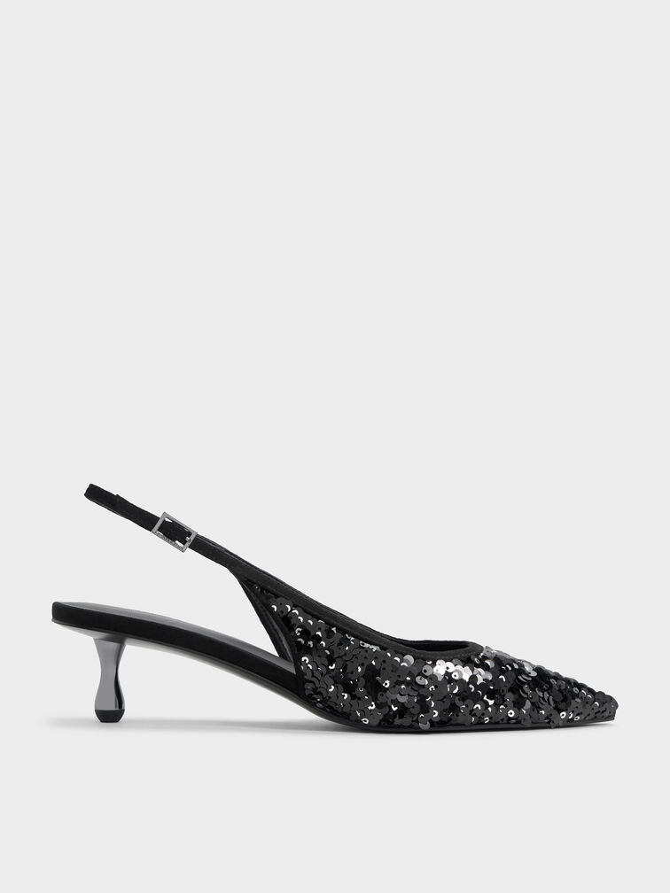 Ruthie Sequinned Slingback Pumps, Black Textured, hi-res