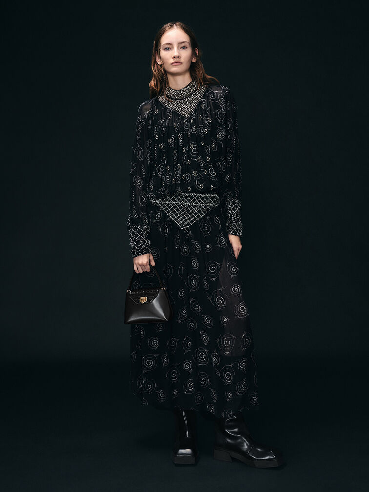 حقيبة أروين بمقبض علوي وحزام مضفر ونقشة جلد التمساح, أسود, hi-res