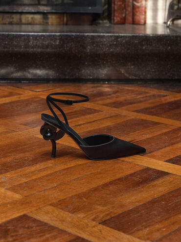 حذاء بكعب مدبب مزين بالزهور وحزام للكاحل, أسود خشن, hi-res