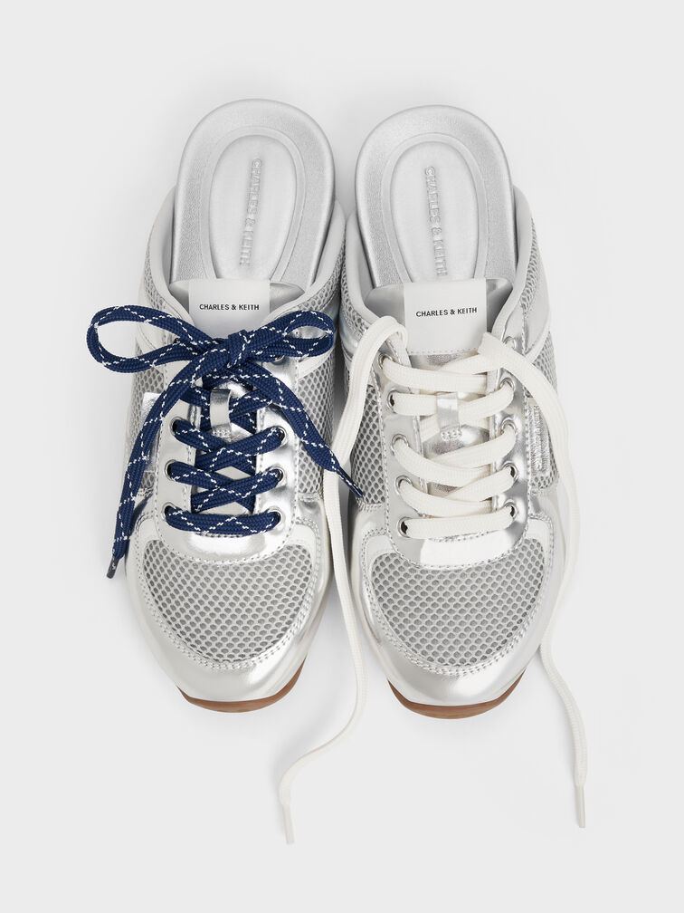 Metallic Mesh Lace-Up Sneaker Mules, Silver, hi-res