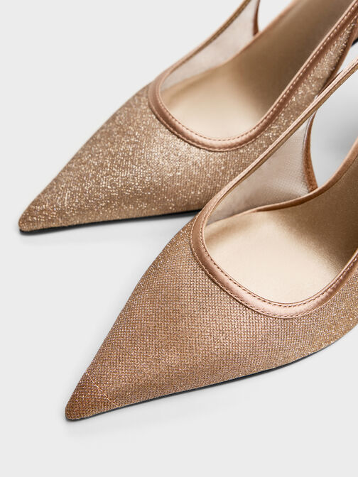 حذاء كعب عالي مدبب من القماش الشبكي اللامع, بني, hi-res