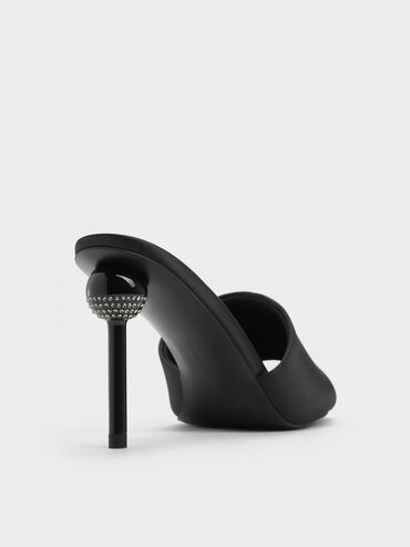 Satin Crystal Ball-Heel Mules, Black Textured, hi-res