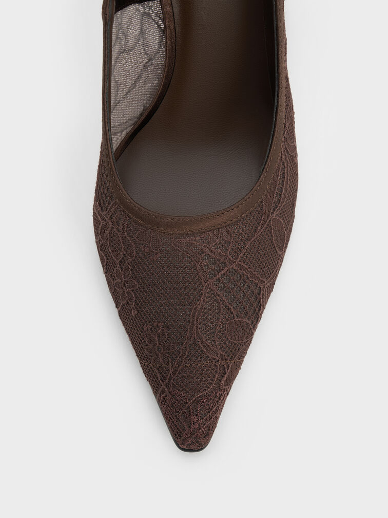 Lace & Satin Stiletto Pumps, Dark Brown Textured, hi-res