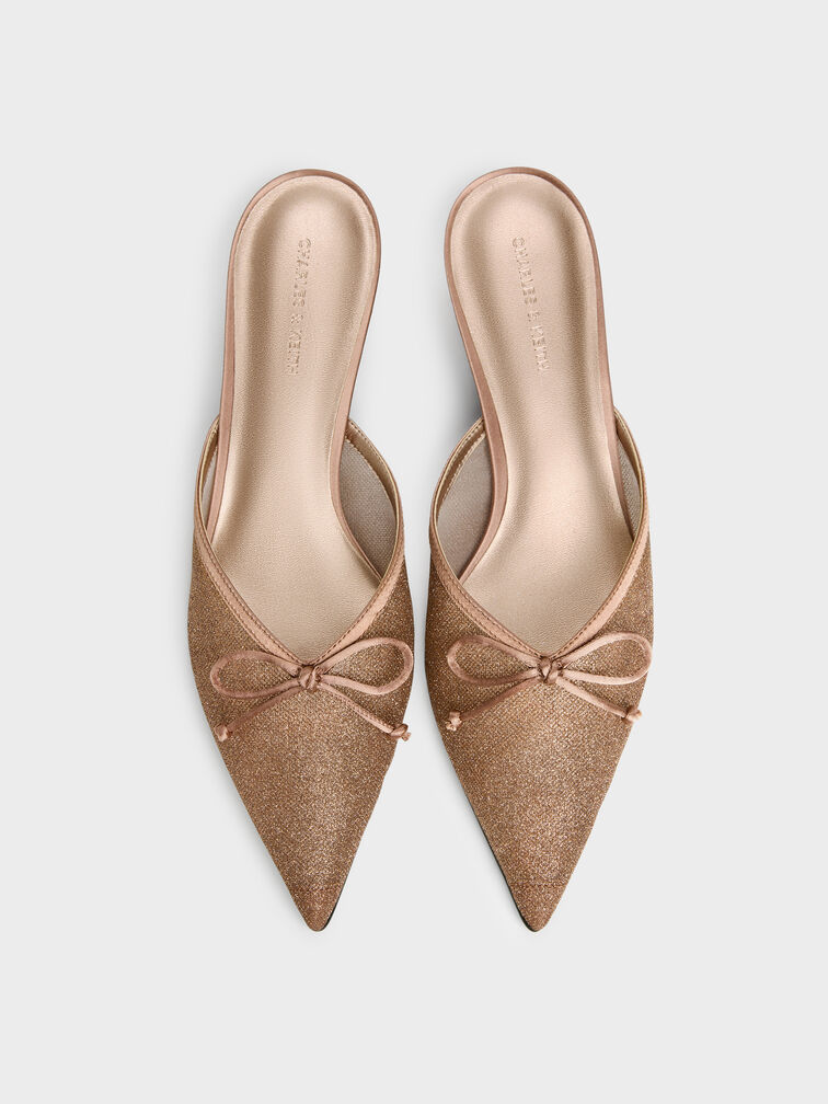 Glittered Mesh Bow Kitten Heels, Brown, hi-res