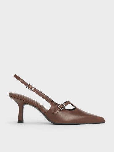 T-Bar Pointed-Toe Slingback Pumps, Brown, hi-res