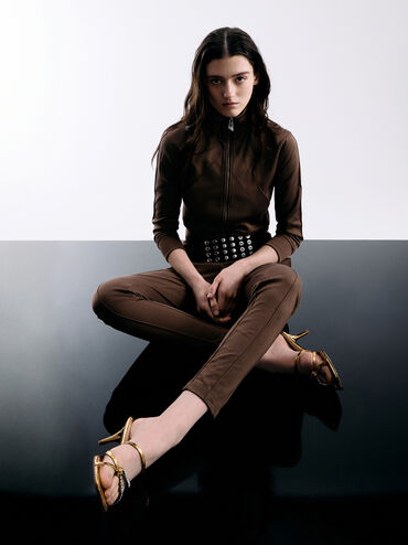 Textured Gem-Embellished Strappy Heeled Sandals, Gold, hi-res
