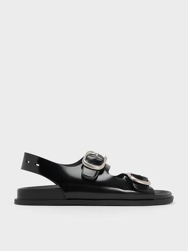 Buckled Double-Strap Slingback Sandals, Black Boxed, hi-res