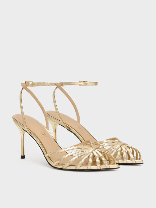 Jaylene Metallic Leather Peep-Toe Stiletto Sandals, Gold, hi-res