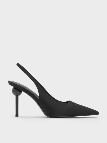 Satin Crystal Ball-Heel Slingback Pumps, Black Textured, hi-res