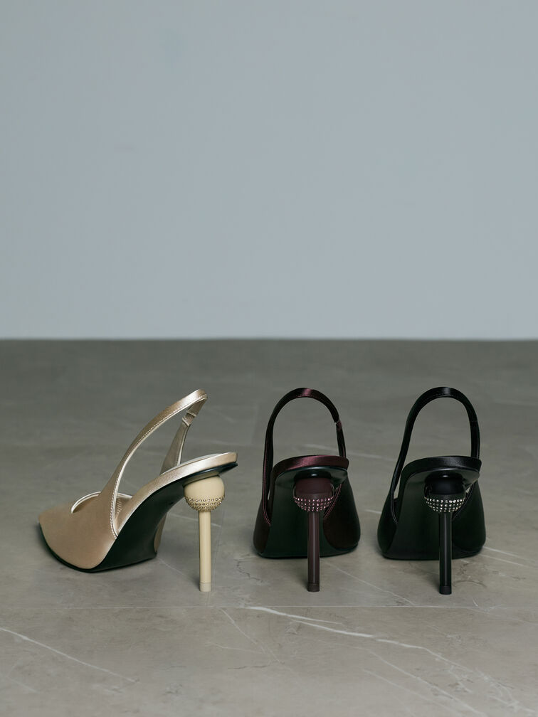 Satin Crystal Ball-Heel Slingback Pumps, Black Textured, hi-res