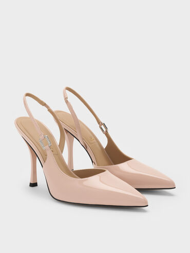 Patent Leather Crystal-Buckle Slingback Pumps, Pink, hi-res