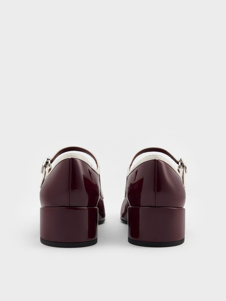 Patent Contrast-Trim Double-Strap Mary Jane Pumps, Burgundy, hi-res