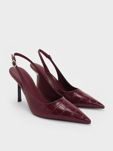 Croc-Effect Pointed Slingback Pumps, Animal Print Burgundy, hi-res