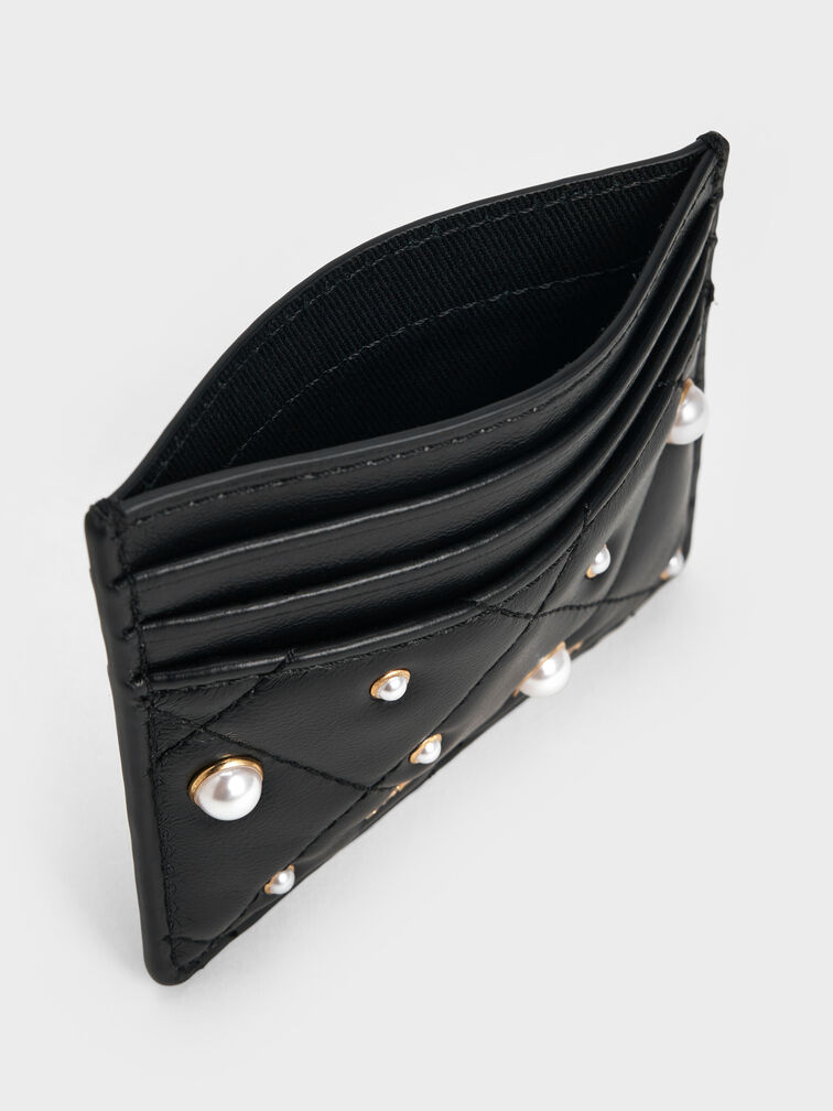 Janie Quilted Pearl Card Holder, Black, hi-res
