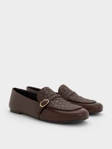 Woven Buckle-Strap Loafers, Dark Brown, hi-res