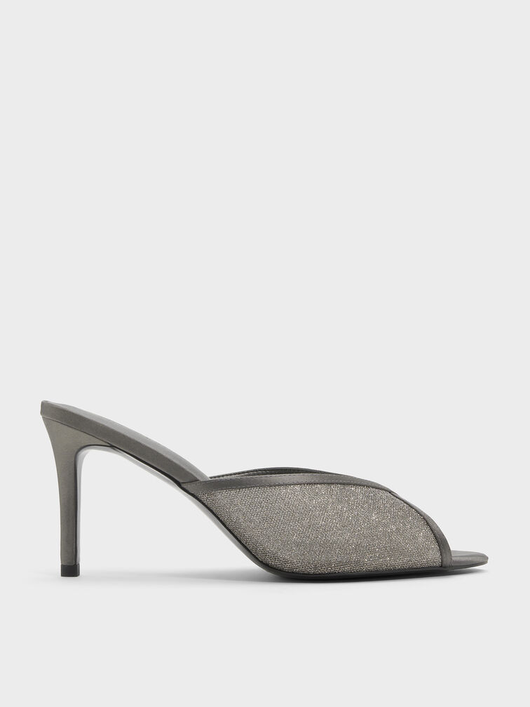 Glittered Mesh Peep-Toe Heeled Mules, Grey, hi-res
