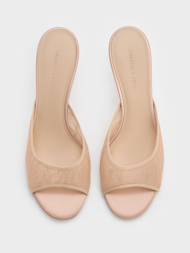 Lace Stiletto Mules, Nude, hi-res