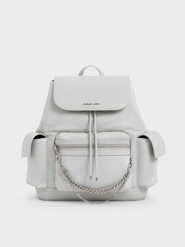 Nylon Puffy Chain-Link Backpack, Light Grey, hi-res