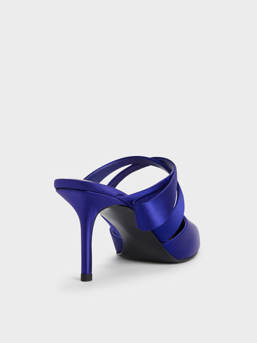 Satin Pleated-Strap Heeled Mules, Blue, hi-res
