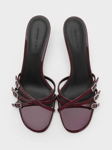 حذاء ميول من الجلد اللامع بكعب القطة وأحزمة متقاطعة بإبزيم, برغندي, hi-res