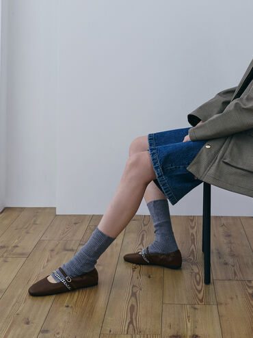 أحذية جورجي تشين ماري جين المسطحة, بني داكن, hi-res