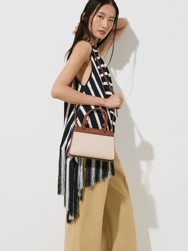 حقيبة توت قماشية بحمالة مزينة بعقدة, شوكولاتي, hi-res